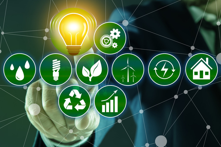 Energy efficiency concept. Man demonstrating scheme with icons, closeup