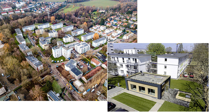 Das Quartier in Bochum-Weitmar ist mit einer eigenen Energiezentrale ausgestattet (kleines Bild, unten). Sie bietet zusammen mit den Solaranlagen auf den Dächern eine Leistungsschau zeitgemäßer Technik, inklusive Elektrolyseur und Brennstoffzelle. Grundwasser-Wärmepumpen sollen das System demnächst noch erweitern.       - © Bilder: Simon Bierwald / Vonovia
