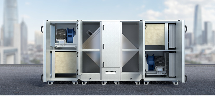 Als neues Modul ergänzt die neue Wärmetauschersektion CF (im Bild in der Mitte) die modular aufgebauten Groß-Lüftungsgeräte der Serie VEX 4000. - © Bild: Exhausto by Aldes
