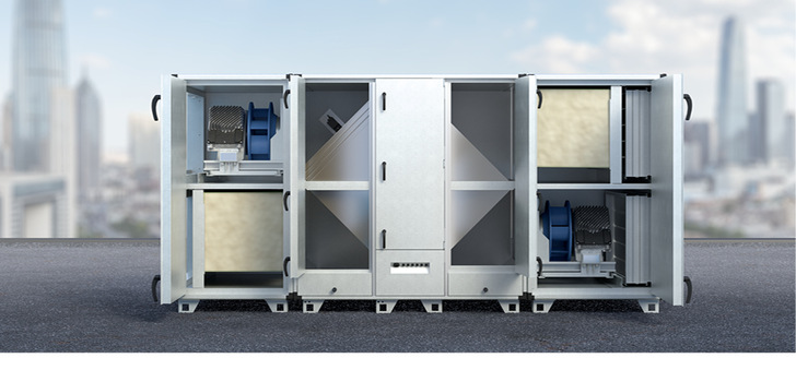 Als neues Modul ergänzt die neue Wärmetauschersektion CF (im Bild in der Mitte) die modular aufgebauten Groß-Lüftungsgeräte der Serie VEX 4000.