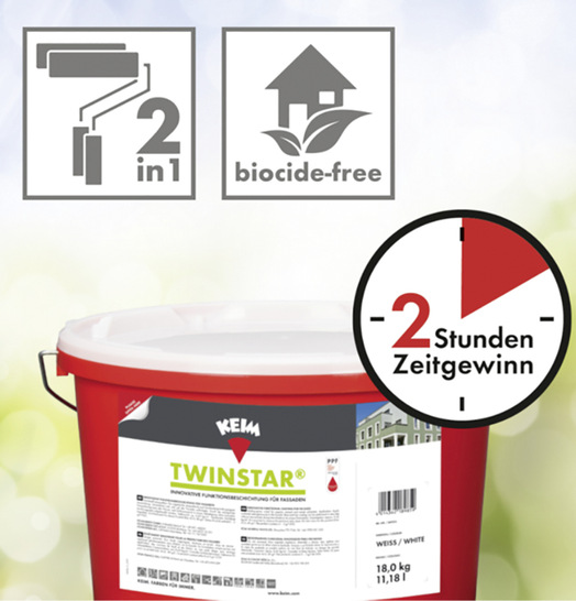 Keim Twinstar ist die erste Fassaden­beschichtung weltweit, bei der zwei ­An­striche in einem Arbeitsgang ausgeführt werden können.