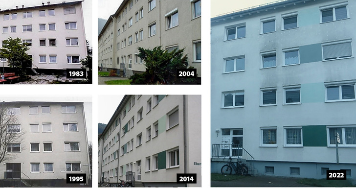 1 Nordfassade eines Mehrfamilienhauses in Geislingen a. d. Steige, 1970 mit 300 Millimeter EPS gedämmt: Das WDVS war 2006 mit 100 Millimeter EPS aufgedoppelt worden. An fünf Zeitpunkten in fast 20 Jahren überprüft, waren lediglich Vergrauungen zu beanstanden, funktionale Beeinträchtigungen konnten nicht festgestellt werden.                   