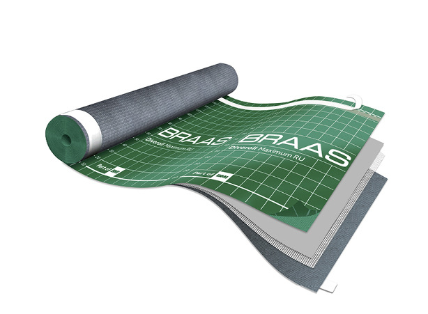 Die Unter­deck­bahn besteht aus fünf Lagen: Spezialbeschichtung, Hochleistungsvlies, Funktionsmembran, Verstärkungsgitter, Schutzvlies