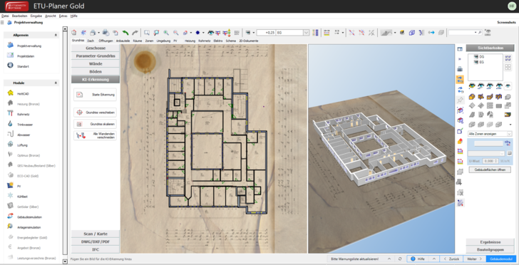 Wem das Zeichnen von Gebäudemodellen auf Basis von Grundrissen zu zeitaufwändig ist, kann die Aufgabe auch von einer Software erledigen lassen. Hottgenroth bietet dafür eine entsprechende Funktion in seinem CAD-Programm an. Der Name Hott-KI lässt erahnen, dass künstliche Intelligenz dabei eine entscheidende Rolle spielt.