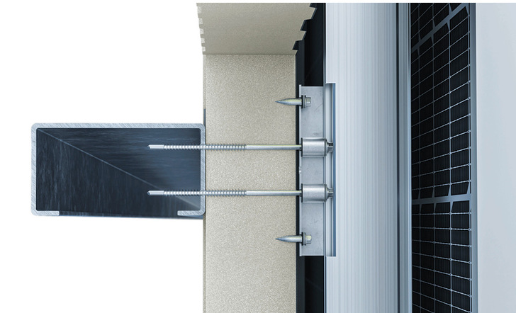 Mit dem Montagesystem Compactwall TR lassen sich PV-Module an Fassaden mit Sandwichpaneelen montieren.