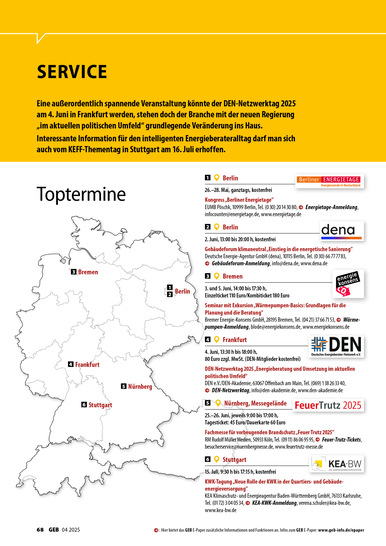Karte von Deutschland mit markierten Großstädten und einer Liste mit Terminen und Orten energiebezogener Veranstaltungen daneben.