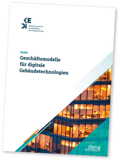Cover einer deutschen Studie zu Geschäftsmodellen für digitale Gebäudetechnologien mit einer modernen Bürofassade. - © Bild: Dena