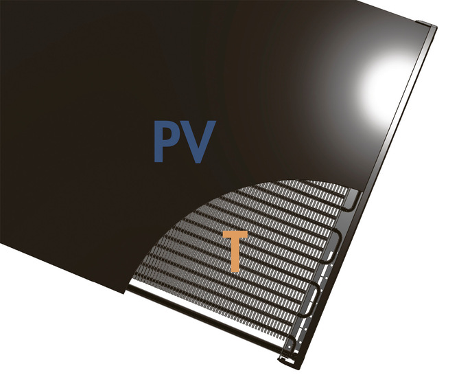 1 Der PVT-Luft-Sole-Kollektor SOLINK mit großer Wärmeübertragerfläche auf der Rückseite eignet sich durch die kombinierte Nutzung von Solarstrahlung und Luft als alleinige lautlose Wärmequelle einer Wärmepumpe.