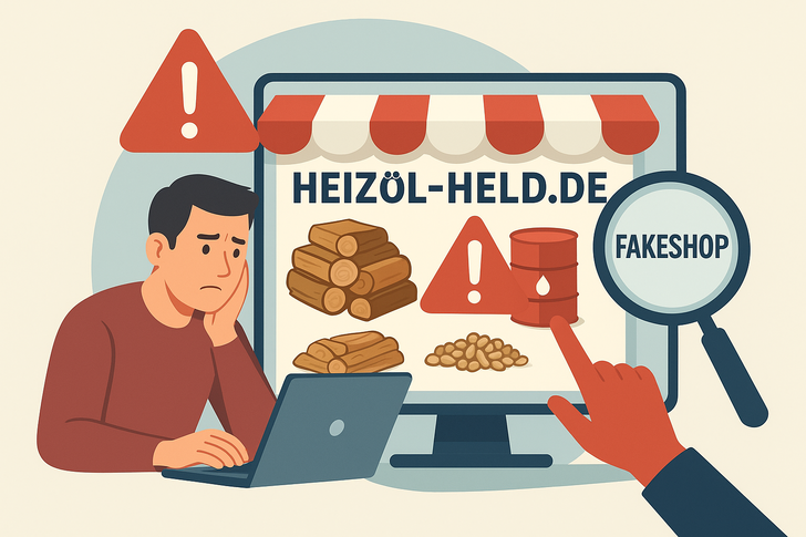Ein besorgter Mann an einem Laptop sieht "Heizöl-Held.de" und Warnhinweise auf einem Bildschirm mit der Aufschrift "Fakeshop". - © KI-generiertes Bild mit ChatGPT