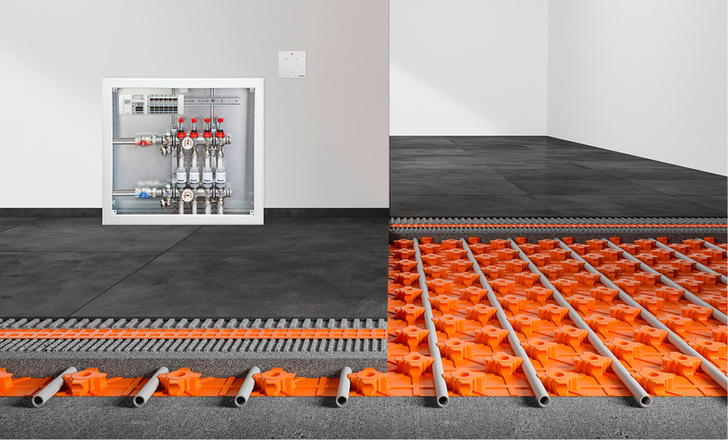 Der Verteilerschrank des Fußbodenheizsystems Bekotec Therm nimmt Heizkreisverteiler und Regelungstechnik auf und kann entweder in die Wand eingebaut oder vor der Wand montiert werden.