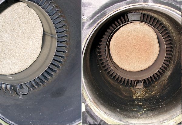 Heizöl EL schwefelarm im Langzeittest: Die Brennkammer eines neuen Ölheizkessels (links vor Beginn der Versuchsreihe) weist auch nach 1800 Betriebsstunden mit schwefelarmem Heizöl kaum Ablagerungen auf.