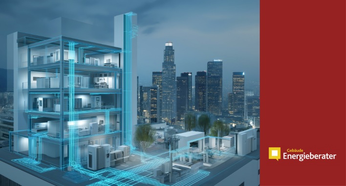 Ein modernes Gebäude mit digitalen blauen Linien, die den Energiefluss zeigen, vor einer Stadtsilhouette in der Abenddämmerung. - © axel - stock.adobe.com