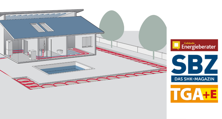 Schema eines Hauses mit Wärmepumpenanlage und Pool, Zeitschriftenlogos auf der rechten Seite. - © wpplus