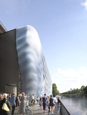 Deutsches Museum in München: Für einen vollständig aus Recyclingmaterial errichteten Interimsbau wurde eine temporäre Fassade im 3D-Druck erstellt. Das Druckverfahren schafft luftgefüllte Hohlräume, die gleichzeitig für Stabilität und Dämmung sorgen. Dünne, regengeschützte Kanäle ermöglichen eine natürliche Belüftung, vorausberechnete standortbezogene Wölbungen sorgen für Verschattung. Der Einsatz von Rezyklat wirkt sich günstig auf die CO ₂ -Bilanz des Gebäudes aus. Entwurf und Planung der Fassade: 3F Studio