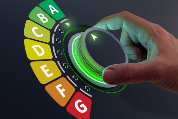 Energy efficiency rating labels promoting low consumption and efficient products to reduce carbon footprint. Lower CO2 emissions with efficient home and appliances. Green eco-friendly business.