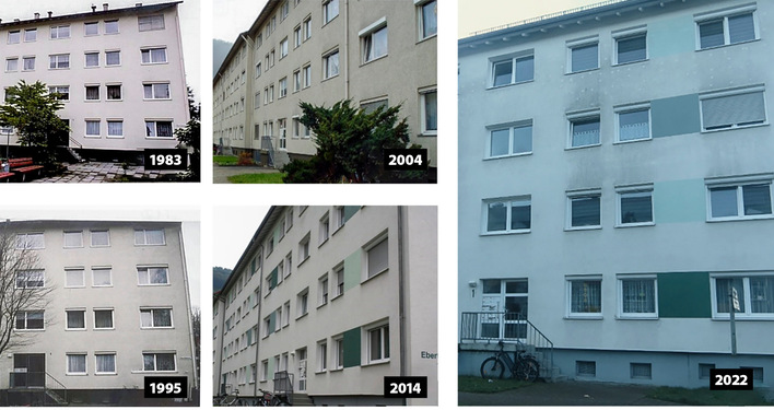 1 Nordfassade eines Mehrfamilienhauses in Geislingen a. d. Steige, 1970 mit 300 Millimeter EPS gedämmt: Das WDVS war 2006 mit 100 Millimeter EPS aufgedoppelt worden. An fünf Zeitpunkten in fast 20 Jahren überprüft, waren lediglich Vergrauungen zu beanstanden, funktionale Beeinträchtigungen konnten nicht festgestellt werden.                   