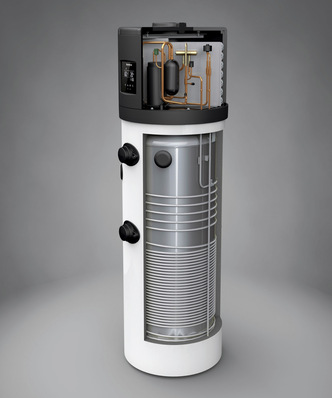 Schutz vor Verkalkung: Bei der Warmwasser-Wärmepumpe Logatherm WPT ist der Verflüssiger um den Speicher gewickelt, sodass er nicht mit Wasser in Kontakt kommen kann.