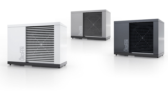 Für die Luft/Wasser-Wärmepumpe Greenfox bietet Ökofen drei verschieden farbige Außengeräte an: in Anthrazit, Hellgrau oder Weiß.