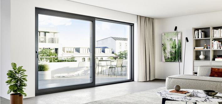 Verschiedene Elementtypen, zwei Dichtungskonzepte und zahlreiche Oberflächen-
varianten bieten Gestaltungsfreiheit beim Kunststoff-​Schiebesystem Living move.