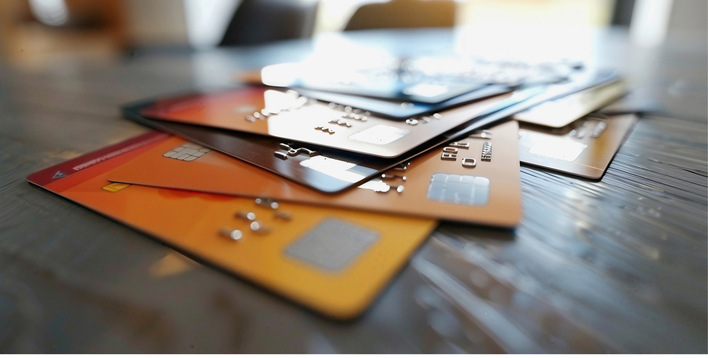 Ein Stapel verschiedener Kreditkarten mit Chips, verstreut und überlappend auf einer glänzenden Oberfläche. - © Bild: stockpro - stock.adobe.com