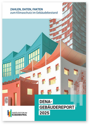 Farbenfrohe Gebäudeillustrationen auf dem Cover des „Dena Gebäudereport 2025“ zum Thema klimaneutrales Bauen. - © Bild: Dena
