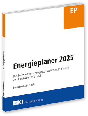 Cover des Benutzerhandbuchs „Energieplaner 2025“ mit orangefarbenen und blauen Abschnitten im deutschen Text. - © Bild: BKI
