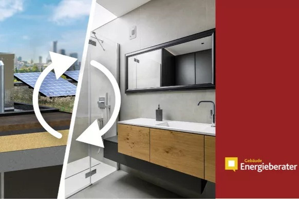 Geteiltes Bild, das Sonnenkollektoren auf einem Dach und ein modernes Badezimmer zeigt, mit Pfeilen, die den Energieanschluss anzeigen. - © Aereco