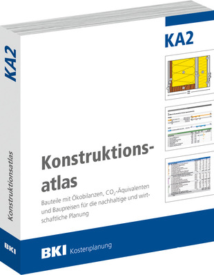 3D-Illustration eines Buches mit dem Titel „Konstruktionsatlas“ mit Diagrammen und Schaubildern auf dem Cover. - © Bild: BKI