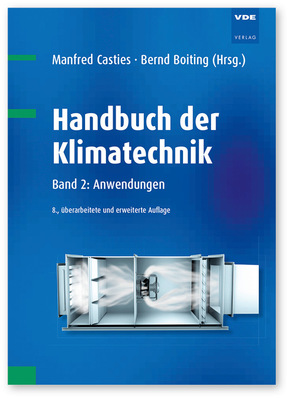 Buchcover mit dem Titel „Handbuch der Klimatechnik Band 2: Anwendungen“ mit einer Illustration einer Lüftungsanlage. - © Bild: VDE Verlag