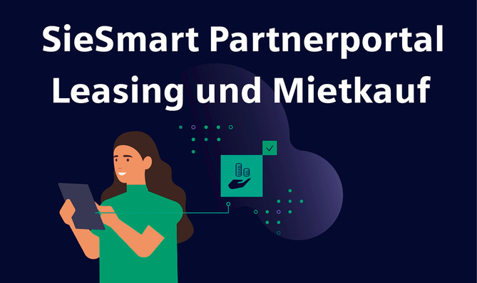 Illustration einer Frau mit Tablet neben dem Text „SieSmart Partnerportal Leasing und Mietkauf“. - © Bild: Siemens Financial Services
