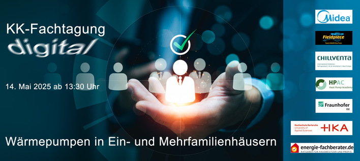 Alter Alt-Text: „Einladung zur Fachtagung zu Wärmepumpen: Erfahren Sie mehr über die neuesten Technologien und Best Practices in der digitalen Gebäudetechnik. Veranstaltung am 14. Mai 2025 um 13:30 Uhr. Teilnahmeinformationen und Logodarstellungen von Partnerfirmen inklusive. - © Sutthiphong - stock.adobe.com / Collage: GV