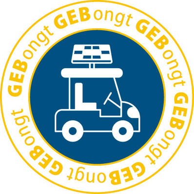 Symbol eines Golfwagens mit einem Solarpanel, umgeben vom wiederholten Text „GEB ongt“ in Gelb. - © Bild: Design Linker - stock.adobe.com