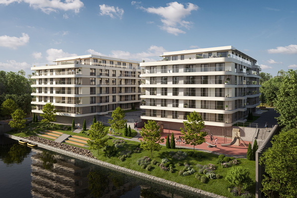 Zum Zeitpunkt der Machbarkeitsstudie gab es für das Werftquartier am Rhein lediglich eine grobe Planung von sieben Mehrfamilienhäusern, einem Büroturm und einem Hotel.