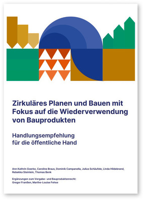 Abstraktes geometrisches Design über deutschem Text zum Thema Kreislaufplanung und Bauen mit wiederverwendeten Bauprodukten. - © Bild: Concular