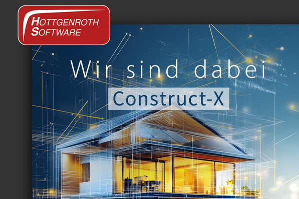 Modernes Haus mit digitaler Linienüberlagerung, Text „Wir sind dabei Construct-X“, Logo von Hottgenroth Software darüber. - © Hottgenroth Software