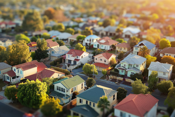 Luftaufnahme eines Vorortviertels mit Häusern, Bäumen und Straßen im sanften Sonnenlicht. - © RISHAD - stock.adobe.com