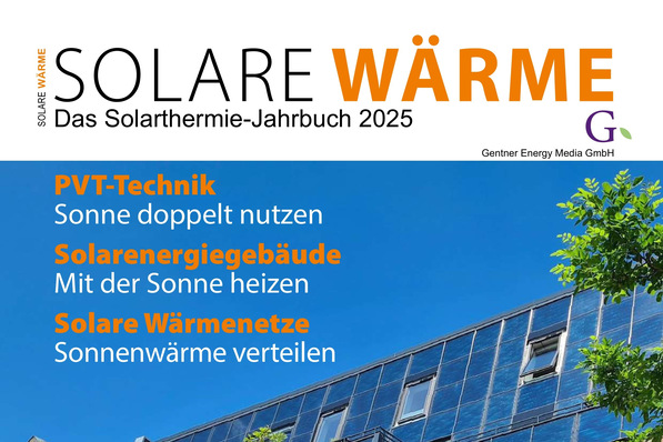 Cover eines deutschen Solarenergiemagazins mit Text und einem Teil eines Glasgebäudes vor blauem Himmel. - © Gentner Energy Media