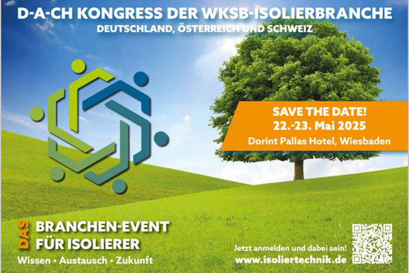 Optimierter, themenrelevanter Alt-Text: „Veranstaltungsflyer des D-A-CH Kongresses für Dämmstoffindustrie 2025 in Wiesbaden; grafische Darstellung: stilisierter Baum auf begrüntem Hügel als Symbol für nachhaltige Gebäudetechnik und Energieeffizienz.“. - © Fördergemeinschaft Dämmtechnik