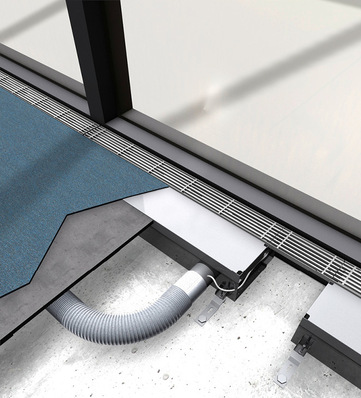 Der Boden-Luftdurchlass Indulfloor lässt sich als Einzelelement in einen Doppelboden integrieren oder mit Verbindungselementen in einem Band anordnen.