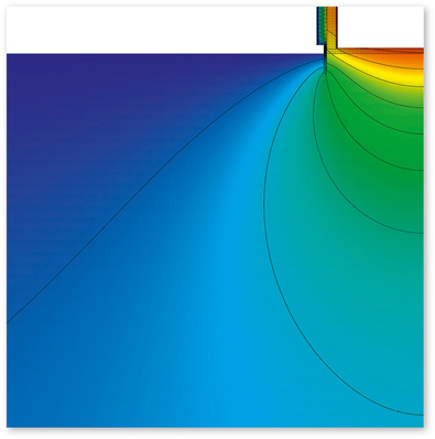1 Ausschnitt der Berechnung der Wärmebrücke des Beispiels in diesem Artikel für eine Bodenplatte auf Erdreich mit Randdämmung nach DIN EN ISO 10211: Darstellung mit isothermer Farbgebung.