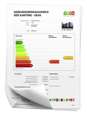 Auf dem Schweizer Gebäudeenergieausweis der Kantone (GEAK) wird die Effizienz der Gebäudehülle neben der Gesamteffizienz gesondert dargestellt.