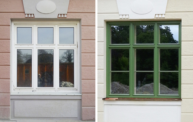 



1, 2
 Fachgerechte Sanierung einer „Denkmalsünde“: Austausch der Kunststofffenster durch Holzfenster, die in Material, Optik und Stil dem Original viel eher entsprechen. 
