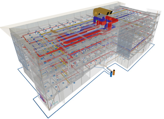 



3D-Gesamtansicht eines Gebäudes mit technischer Gebäudeausrüstung. Wer jetzt nicht in die BIM-orientierte TGA-Planung einsteigt, verliert womöglich den Anschluss. 
