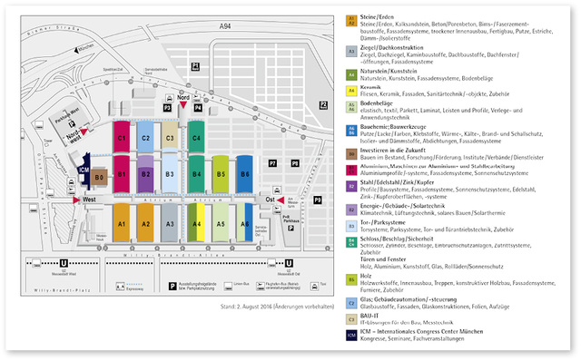 
Das bewährte Konzept der BAU behält die Messe München auch für 2017 bei – mit Erfolg: Alle 17 Messehallen sind komplett belegt, die Verteilung der Aussteller nach Materialien und Systemen ist weitgehend gleich geblieben wie 2015. 
