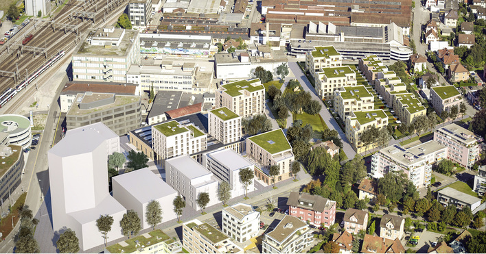 
1
 Das Aeschbachquartier in Aarau wird als erstes Quartier in der Schweiz nach den Kriterien der DGNB entwickelt. Mithilfe der Zertifizierung soll ein Stadtteil geschaffen werden, der auch in Zukunft funktioniert und Lebensqualität bietet. Das Gesamtkonzept stammt von dem holländischen Büro KCAP Architects.



