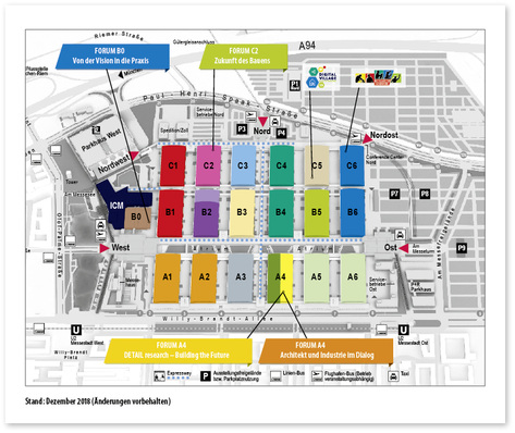 



Mit den beiden neuen Hallen C5 und C6 ist das Messegelände in München nun komplett. Die Ausstellungsfläche der BAU 2019 umfasst nun 200 000 m
2
. Viele Foren und Sonderschauen ergänzen das Messekonzept. 
