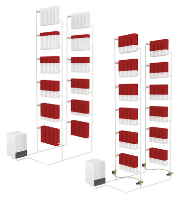 



Im hydraulisch nicht abgeglichenen Heizsystem (links) durchfließt die kesseln
ah
en Heizkörper mehr warmes Wasser als nötig, im kesselfernen Obergeschoss hingegen kommt zu wenig warmes Wasser an. Im System rechts bewirken drucksensible Regelventile an Rohrsystemen und Heizkörpern, dass zur richtigen Zeit am richtigen Ort die richtige Warmwassermenge ankommt. 
