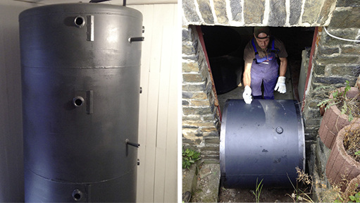 



Die Wärmespeicher werden vor Ort zerlegt, an ihren Standort im Gebäude gebracht und dort mittels Elektroschweißen wieder zusammengesetzt. 
